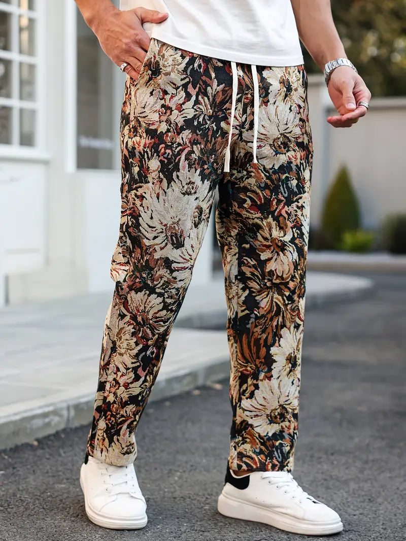 Brown Color Men’s Relaxed Fit Floral Print Casual Pants - XPPT