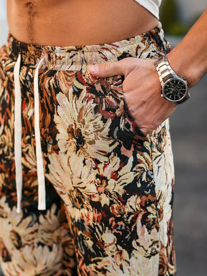 Brown Color Men’s Relaxed Fit Floral Print Casual Pants - XPPT