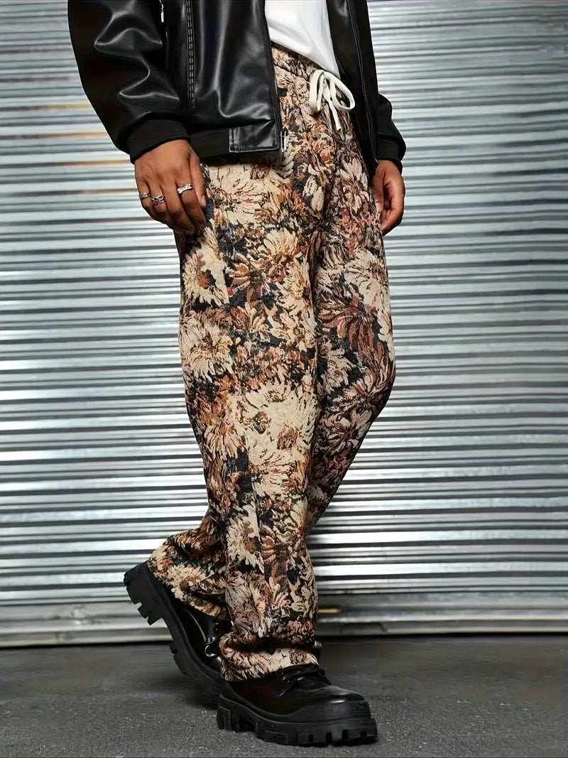 Brown Color Men’s Relaxed Fit Floral Print Casual Pants - XPPT