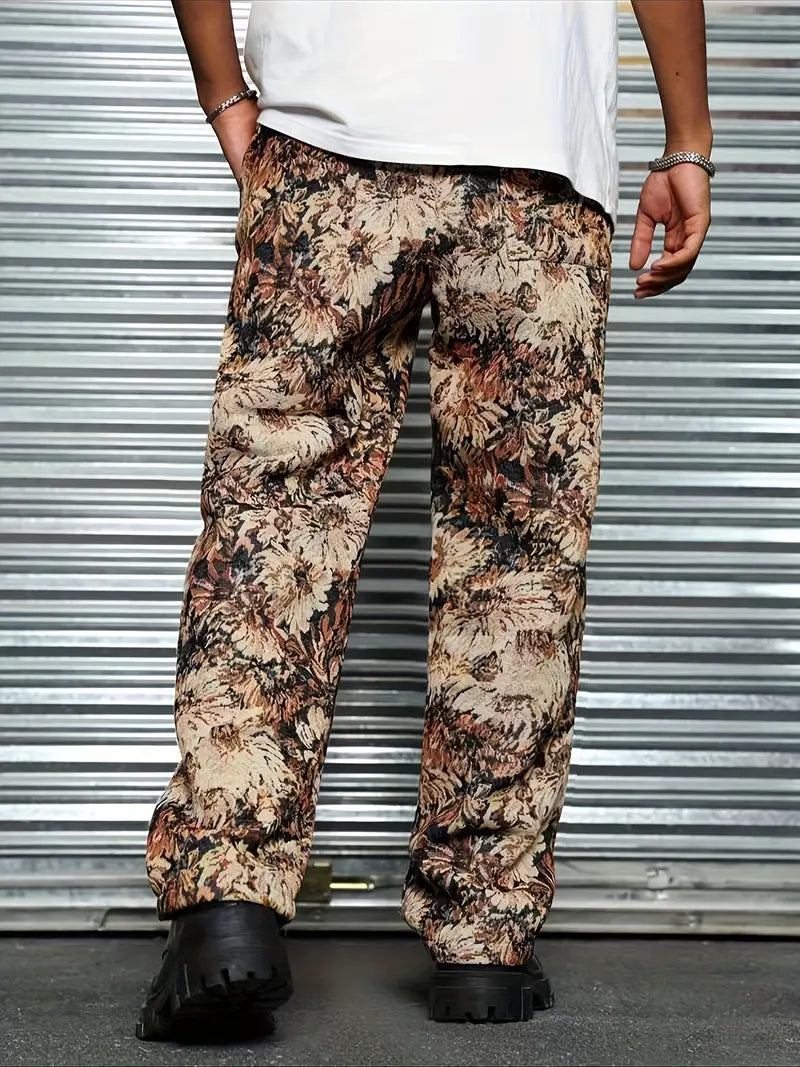 Brown Color Men’s Relaxed Fit Floral Print Casual Pants - XPPT