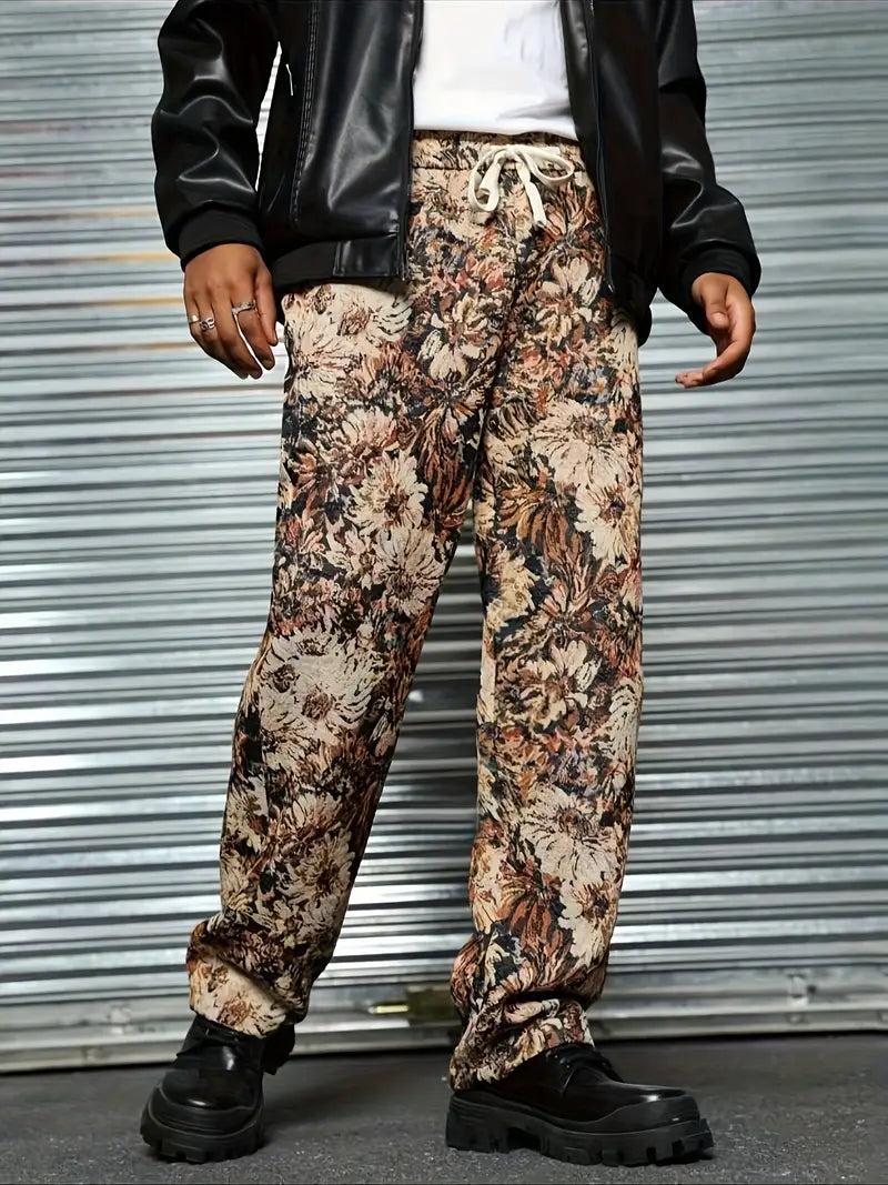 Brown Color Men’s Relaxed Fit Floral Print Casual Pants - XPPT