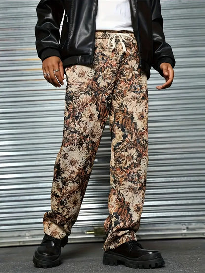 Brown Color Men’s Relaxed Fit Floral Print Casual Pants - XPPT