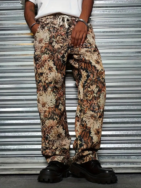 Brown Color Men’s Relaxed Fit Floral Print Casual Pants - XPPT
