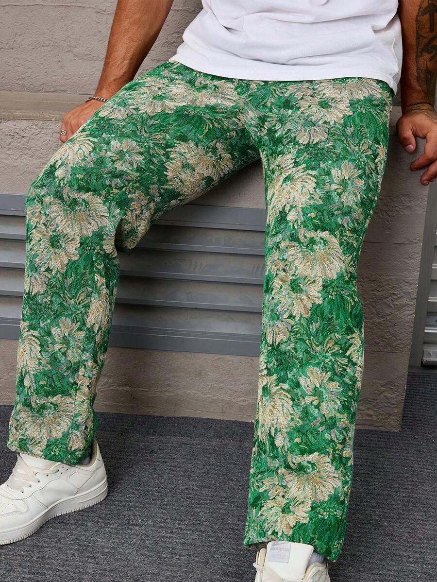 Dark Green Color Men’s Relaxed Fit Floral Print Casual Pants - XPPT