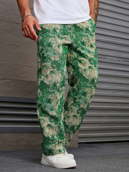 Dark Green Color Men’s Relaxed Fit Floral Print Casual Pants - XPPT