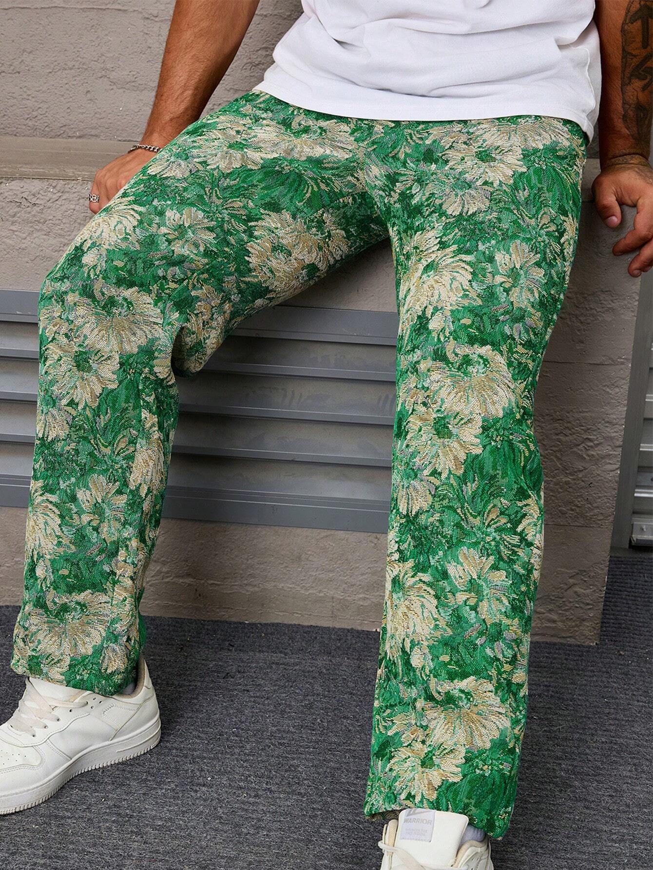 Dark Green Color Men’s Relaxed Fit Floral Print Casual Pants - XPPT