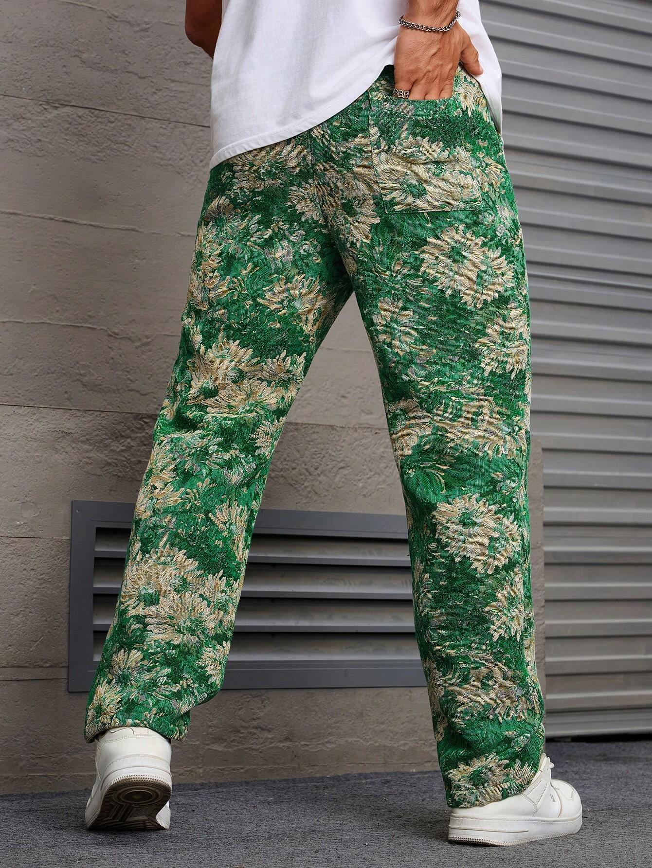 Dark Green Color Men’s Relaxed Fit Floral Print Casual Pants - XPPT
