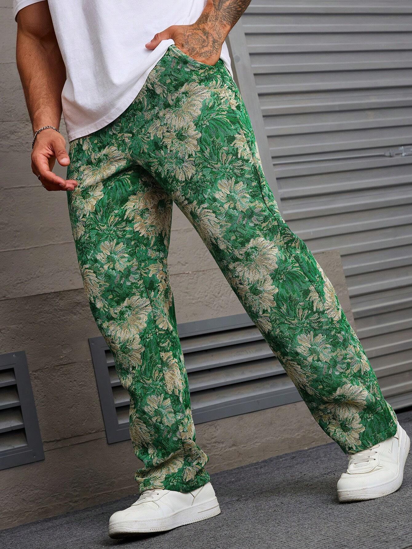 Dark Green Color Men’s Relaxed Fit Floral Print Casual Pants - XPPT
