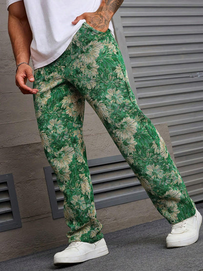 Dark Green Color Men’s Relaxed Fit Floral Print Casual Pants - XPPT