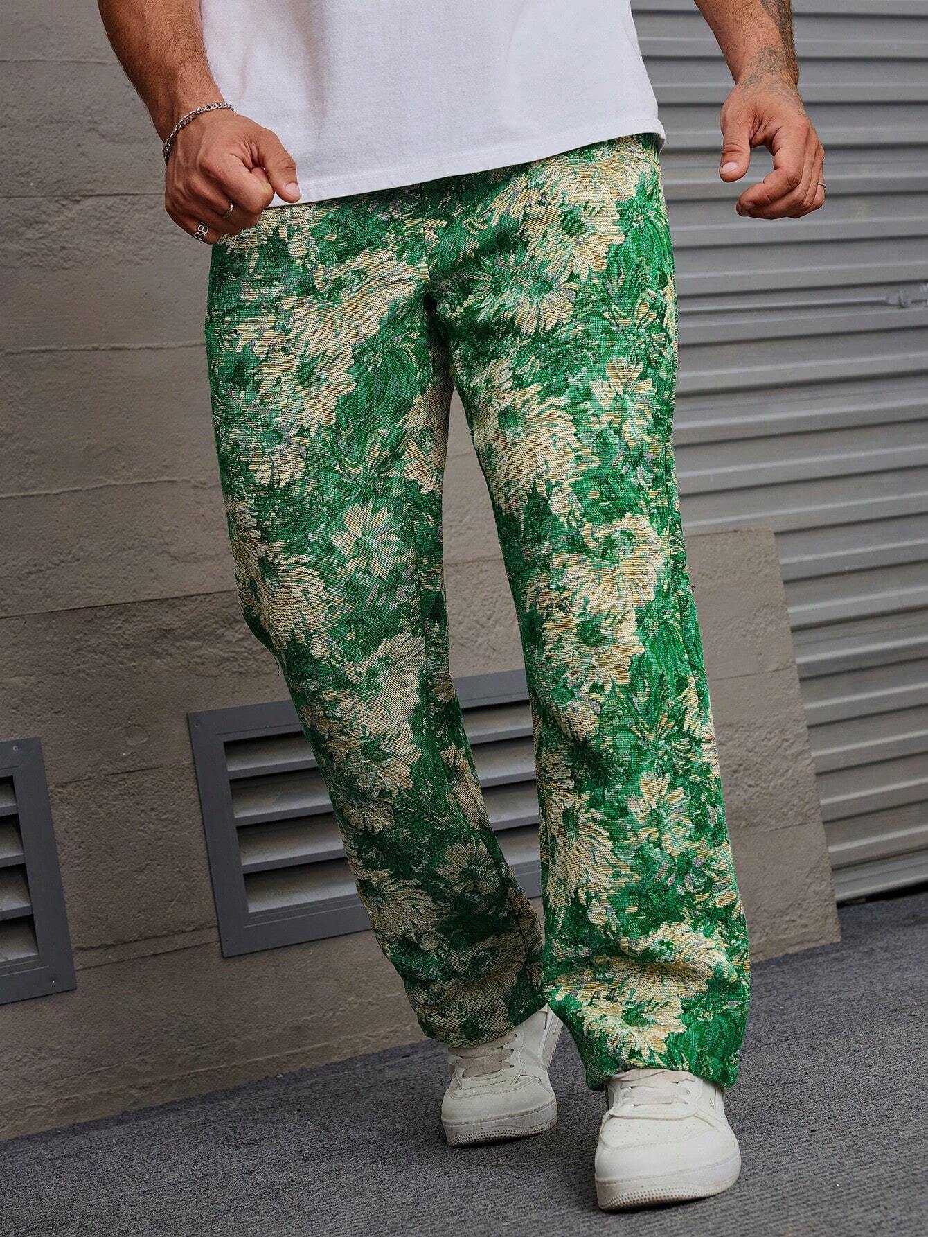 Dark Green Color Men’s Relaxed Fit Floral Print Casual Pants - XPPT