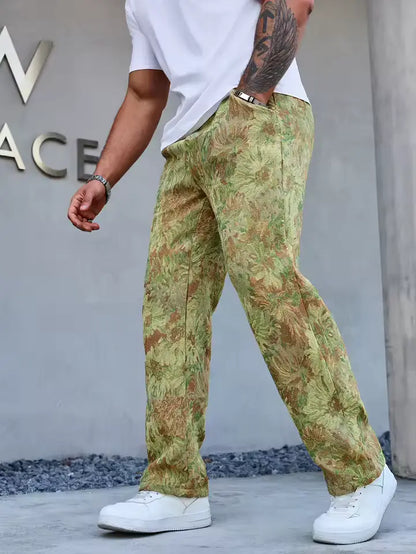 Green Color Men’s Relaxed Fit Floral Print Casual Pants - XPPT