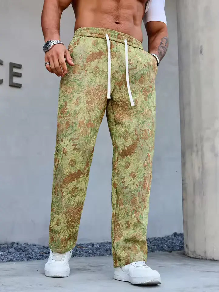 Green Color Men’s Relaxed Fit Floral Print Casual Pants - XPPT