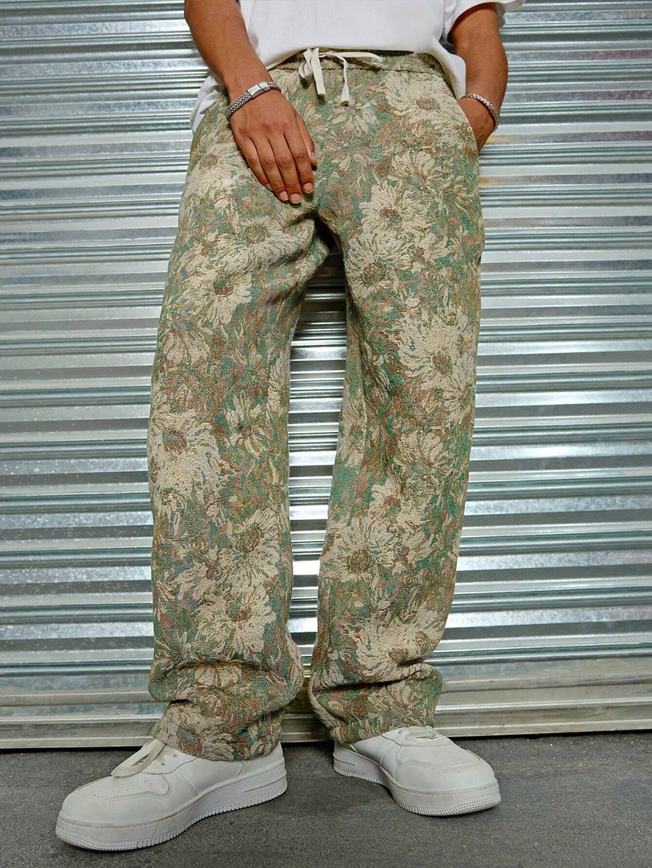 Leaf Green Color Men’s Relaxed Fit Floral Print Casual Pants - XPPT