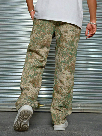 Leaf Green Color Men’s Relaxed Fit Floral Print Casual Pants - XPPT