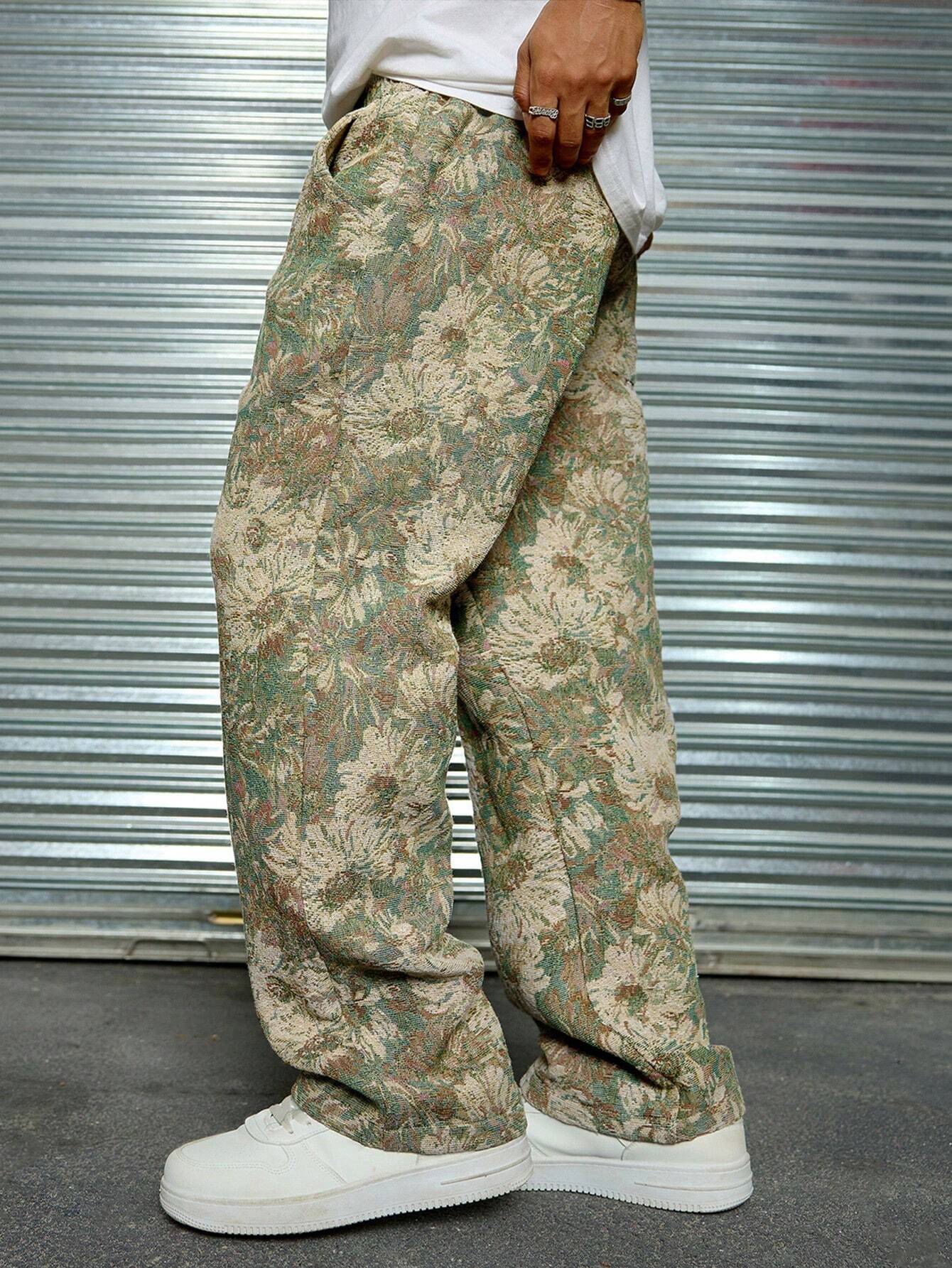 Leaf Green Color Men’s Relaxed Fit Floral Print Casual Pants - XPPT