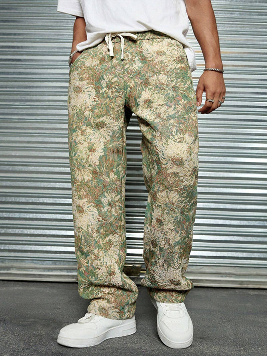 Leaf Green Color Men’s Relaxed Fit Floral Print Casual Pants - XPPT