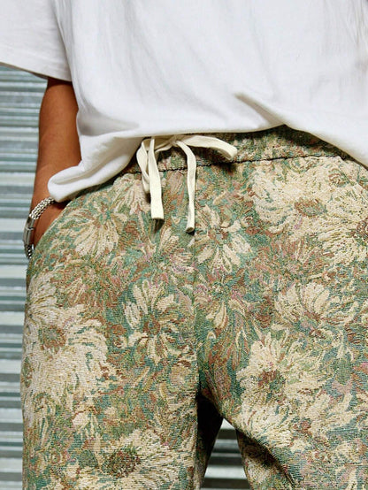 Leaf Green Color Men’s Relaxed Fit Floral Print Casual Pants - XPPT