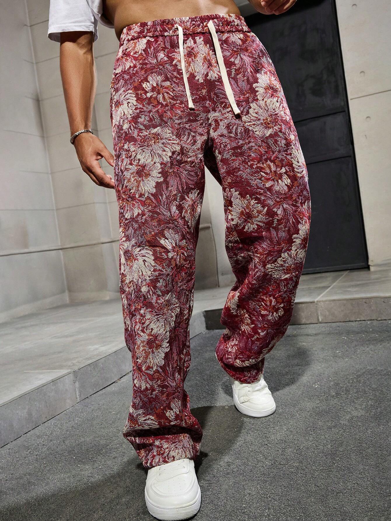 Maroon Color Men’s Relaxed Fit Floral Print Casual Pants - XPPT