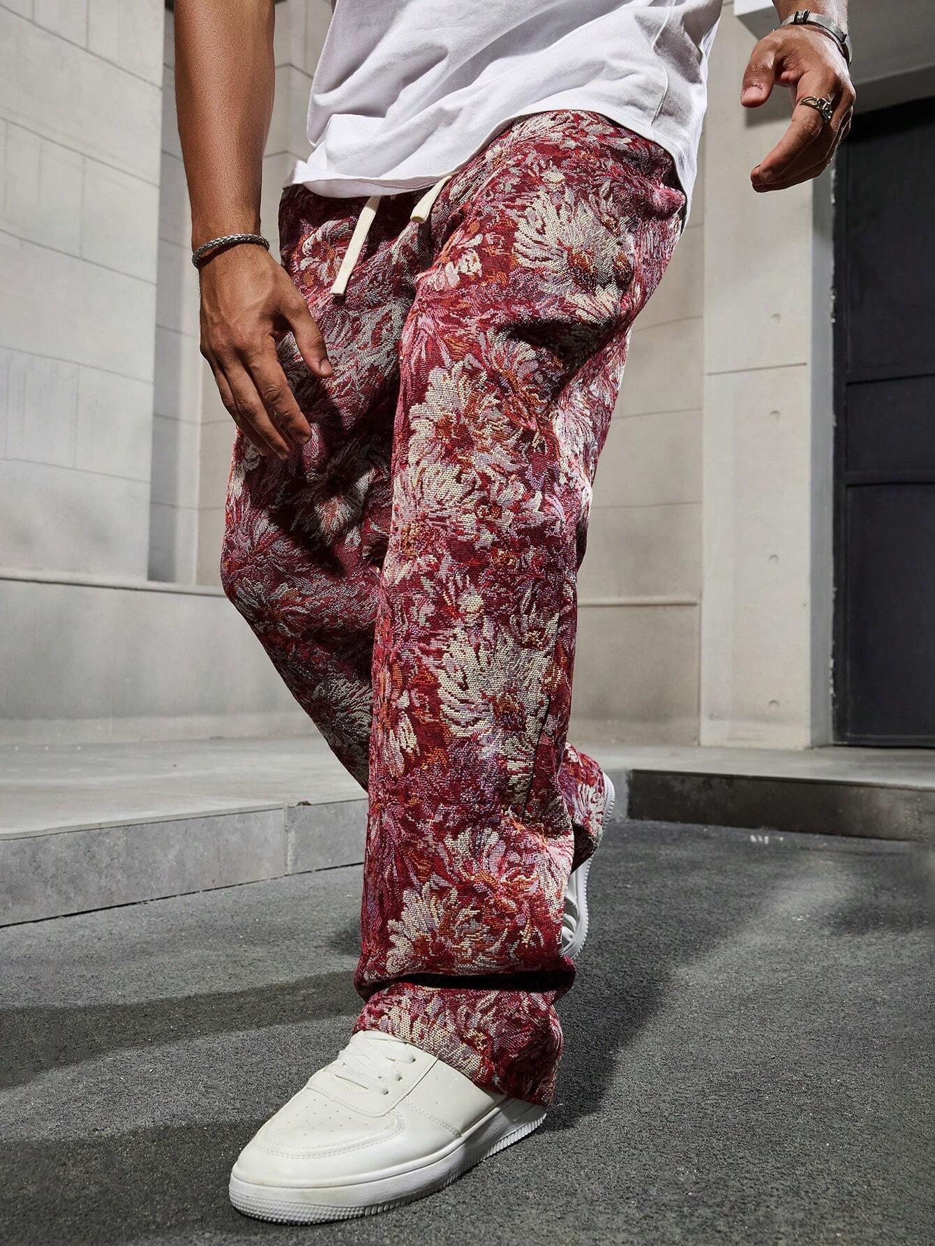 Maroon Color Men’s Relaxed Fit Floral Print Casual Pants - XPPT