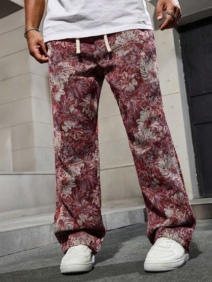 Maroon Color Men’s Relaxed Fit Floral Print Casual Pants - XPPT