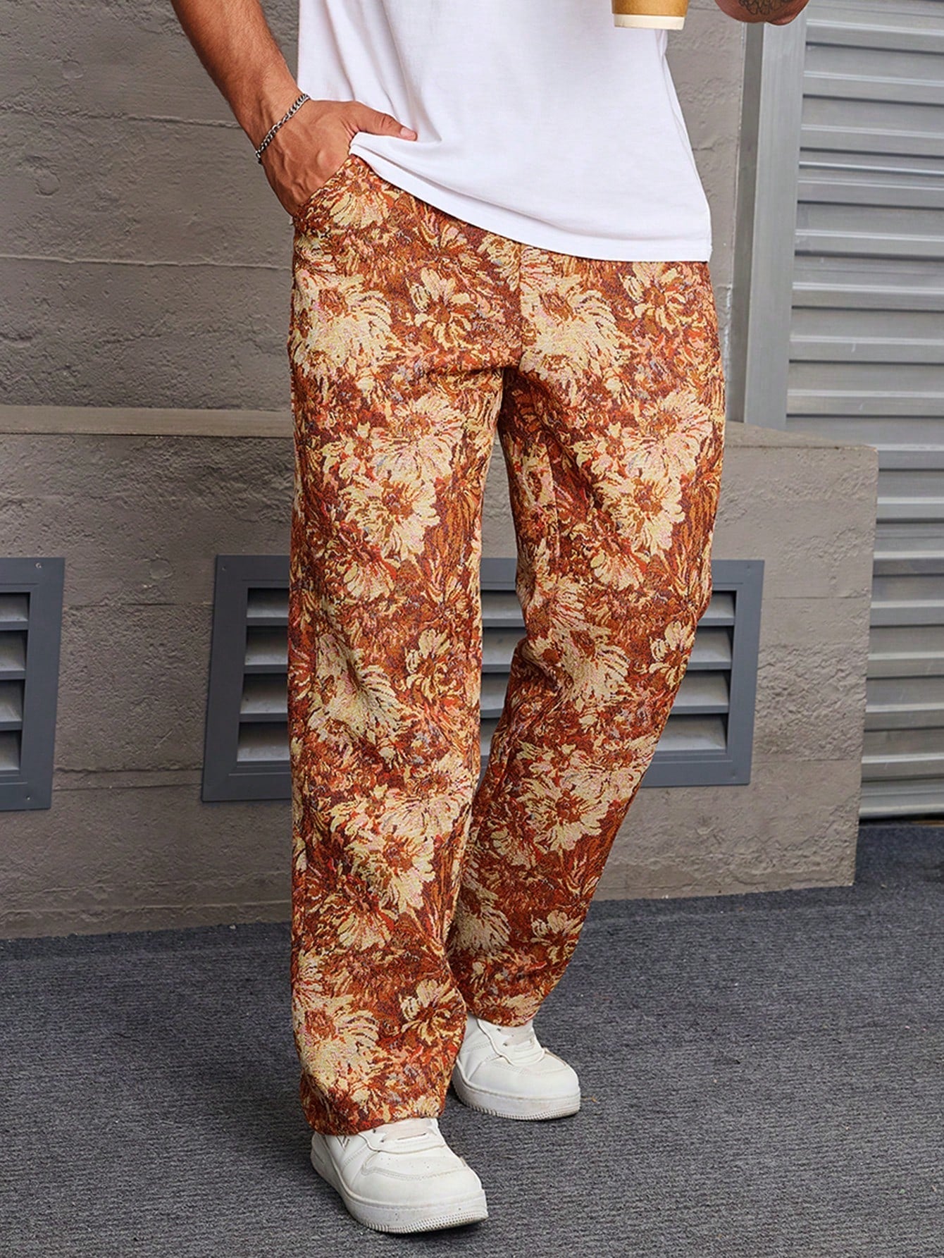 Orange Color Men’s Relaxed Fit Floral Print Casual Pants - XPPT