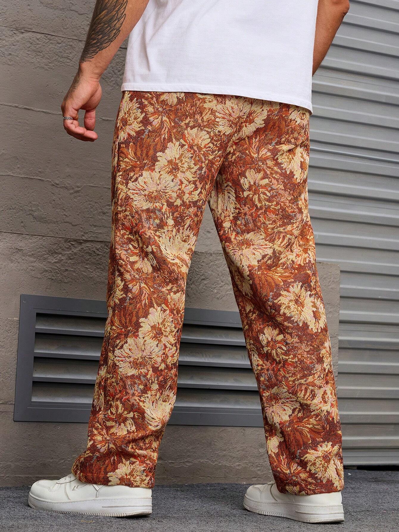 Orange Color Men’s Relaxed Fit Floral Print Casual Pants - XPPT