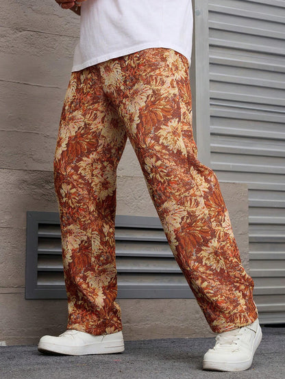 Orange Color Men’s Relaxed Fit Floral Print Casual Pants - XPPT