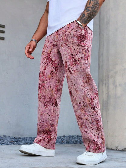 Pink Color Men’s Relaxed Fit Floral Print Casual Pants - XPPT